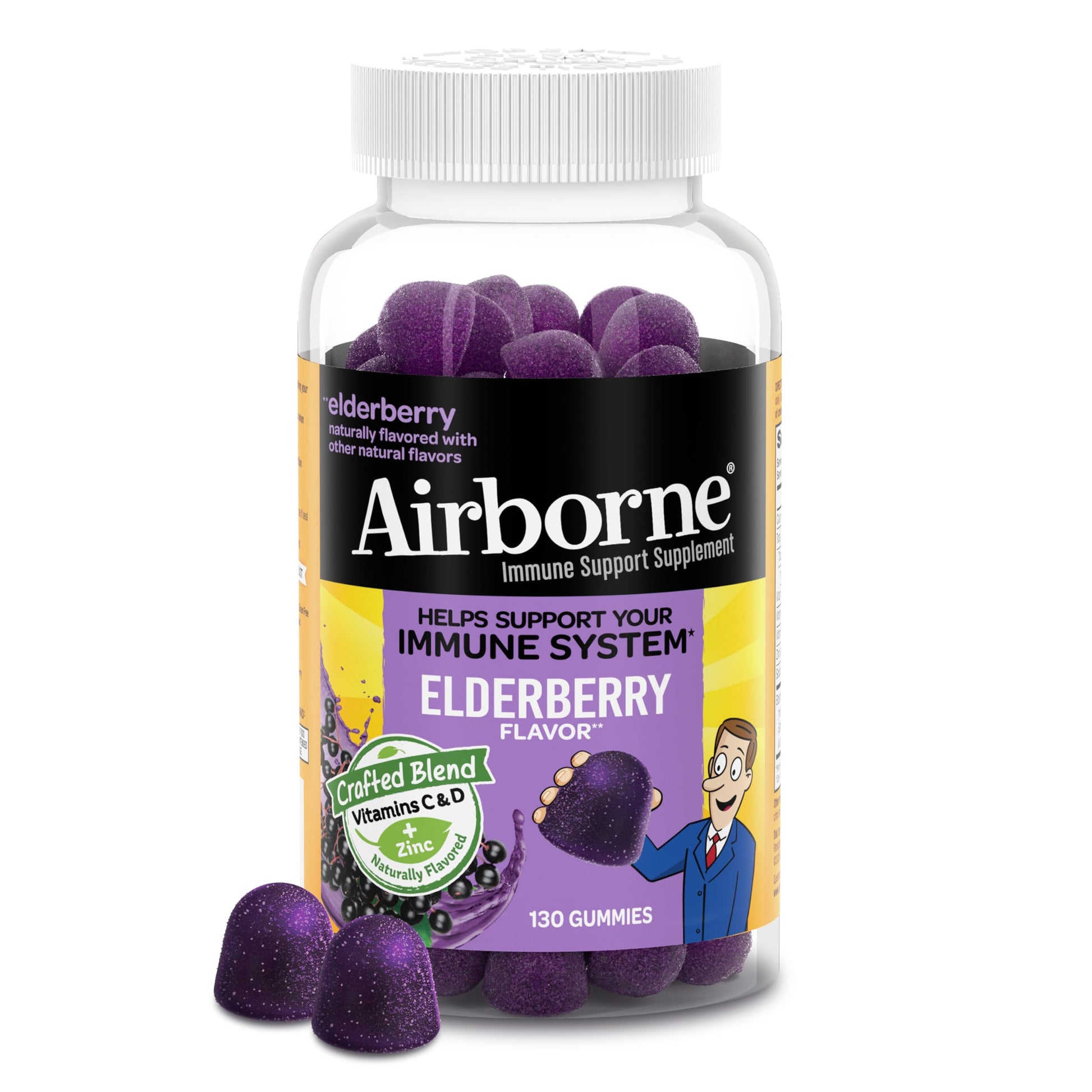 Airborne Elderberry + Zinc & Vitamin C Gummies for Adults, Immune Support, 130 Gummies