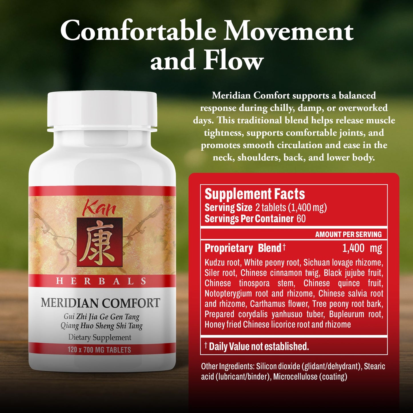 Kan Herbals Meridian Comfort Traditional Chinese Herbal Formula with Kudzu and Cinnamon Twig to Support Comfortable Movement, Flexible Joints, and Balanced Inner Outer Response, 120 Tablets