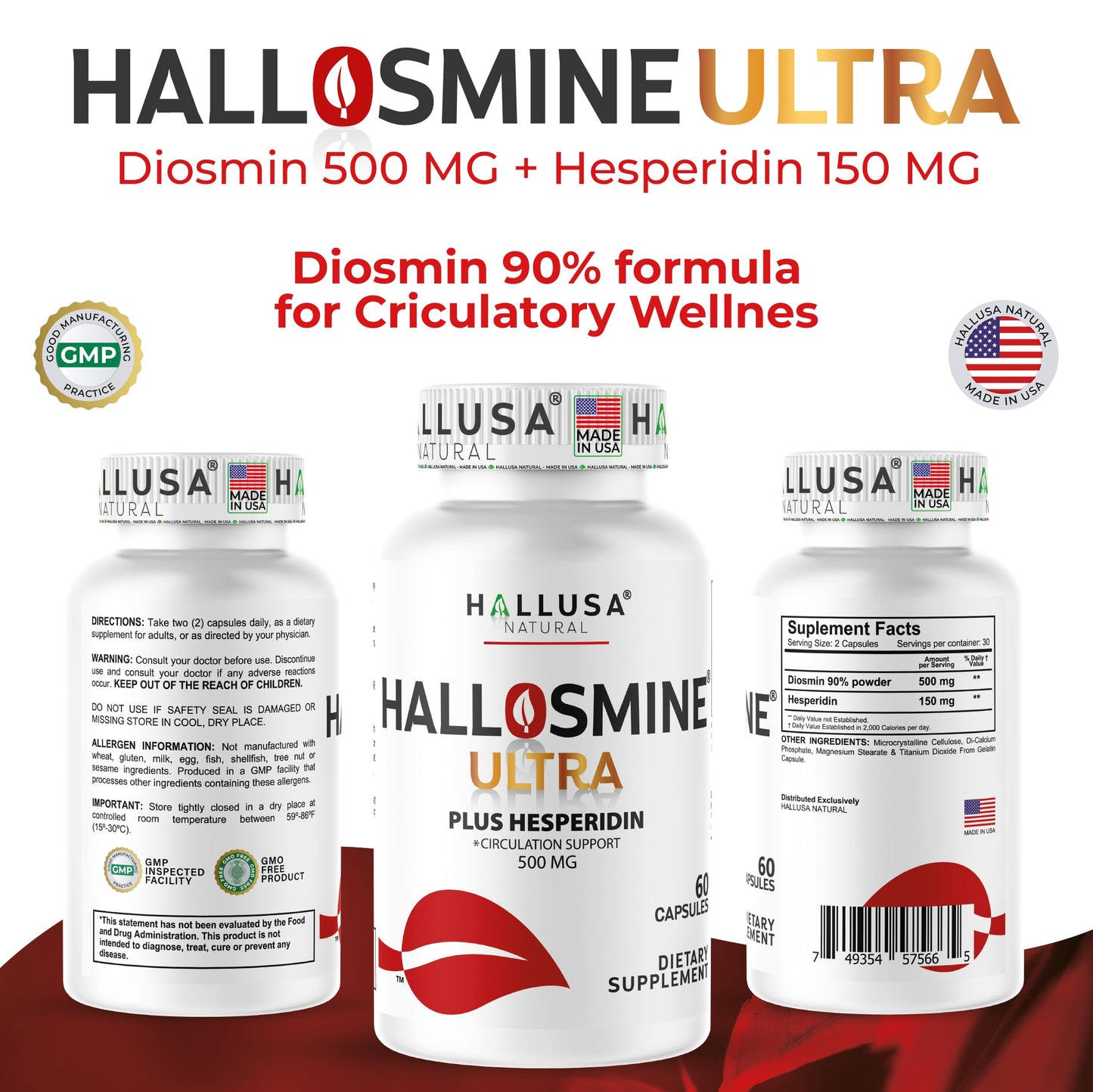 Hallusa Natural Hallosmine Ultra Circulation & Vein Support, Diosmin Hesperdin 650 mg, 60 Capsules