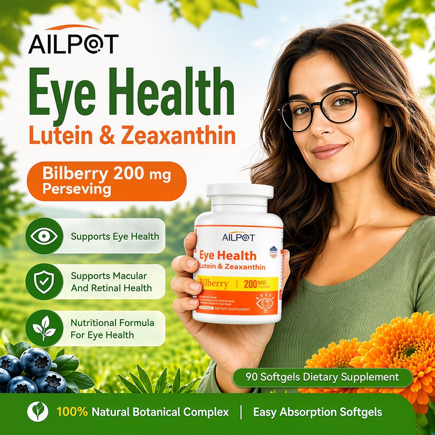 AILPOT Lutein 40mg & Zeaxanthin 8mg Eye Health Caplets, 90 Count