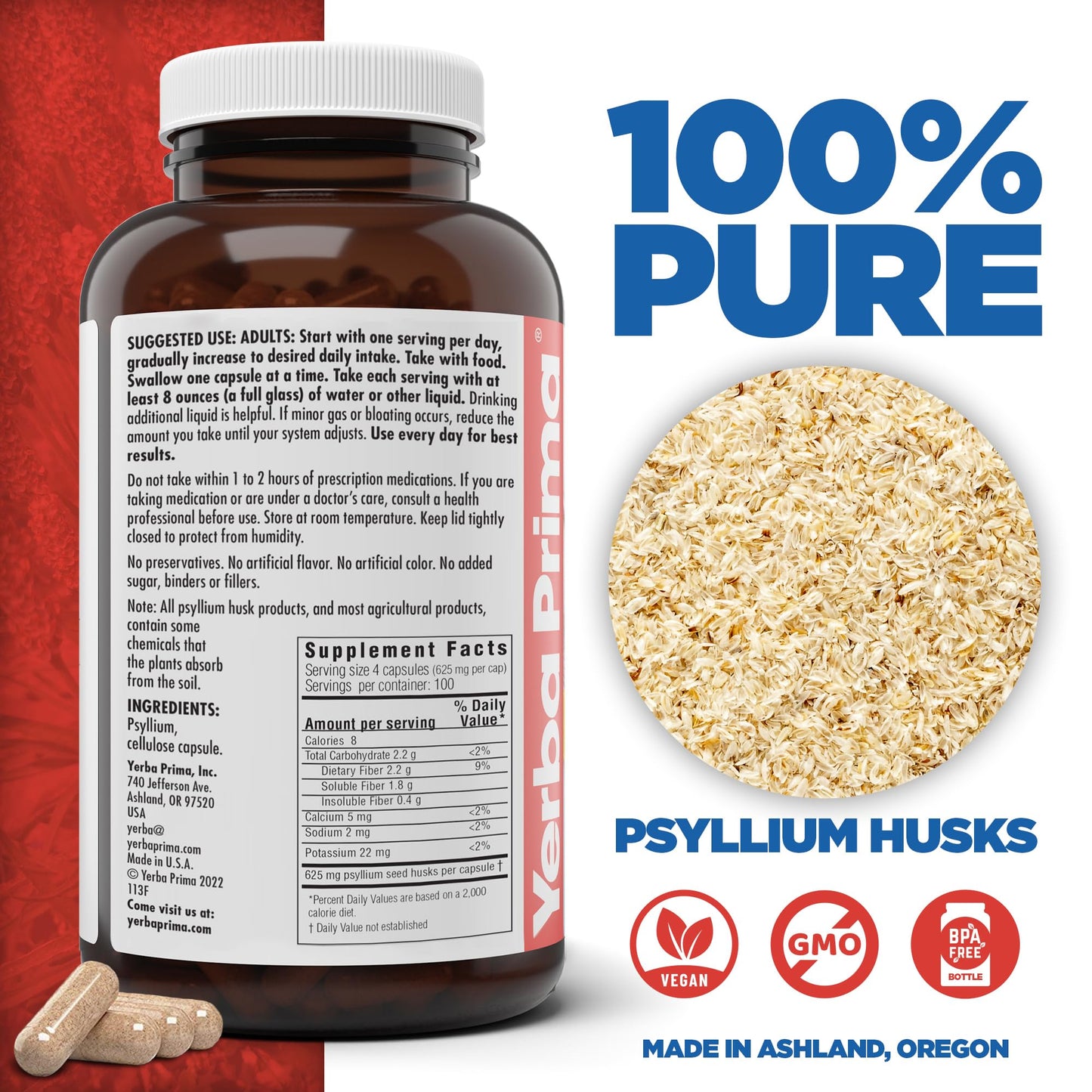 Yerba Prima Psyllium Husks Veg Capsules, 800 Capsules