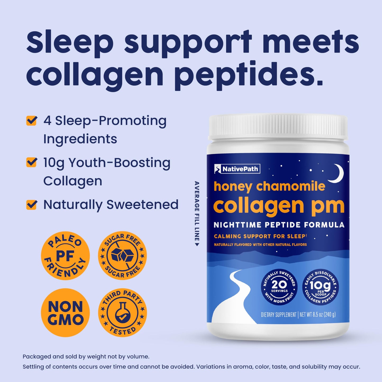 NativePath Collagen PM Honey Chamomile with Melatonin Powder 8.5 Ounces