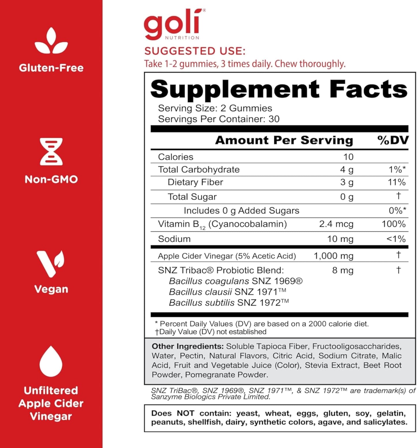 Goli Zero Sugar Apple Cider Vinegar Gummies, 60 Count