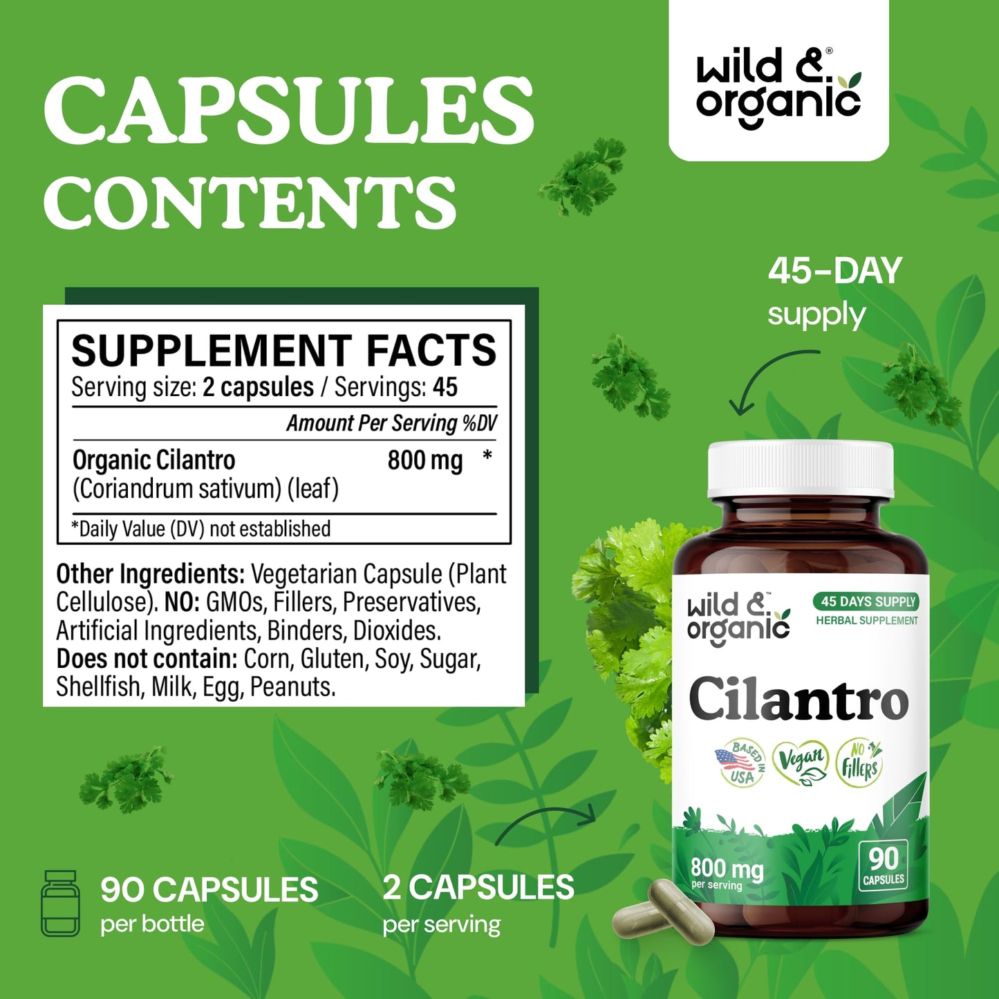 Wild & Organic Cilantro Capsules 800 mg - Detox Support, 90 Count
