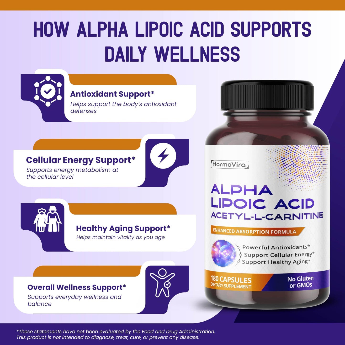 HarmoVira Alpha Lipoic Acid Acetyl-L-Carnitine with Ubiquinol, Curcumin & B Vitamins, Daily Wellness Support, 180 Capsules