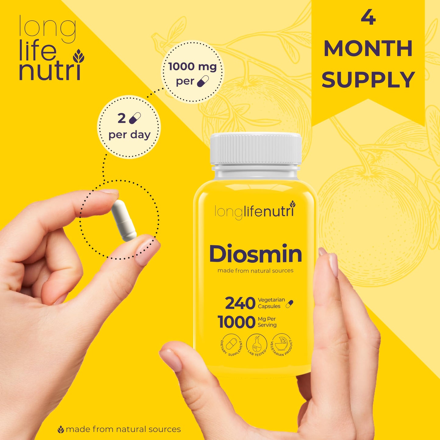 LongLifeNutri Diosmin 1000mg Advanced Formula Capsules, 240