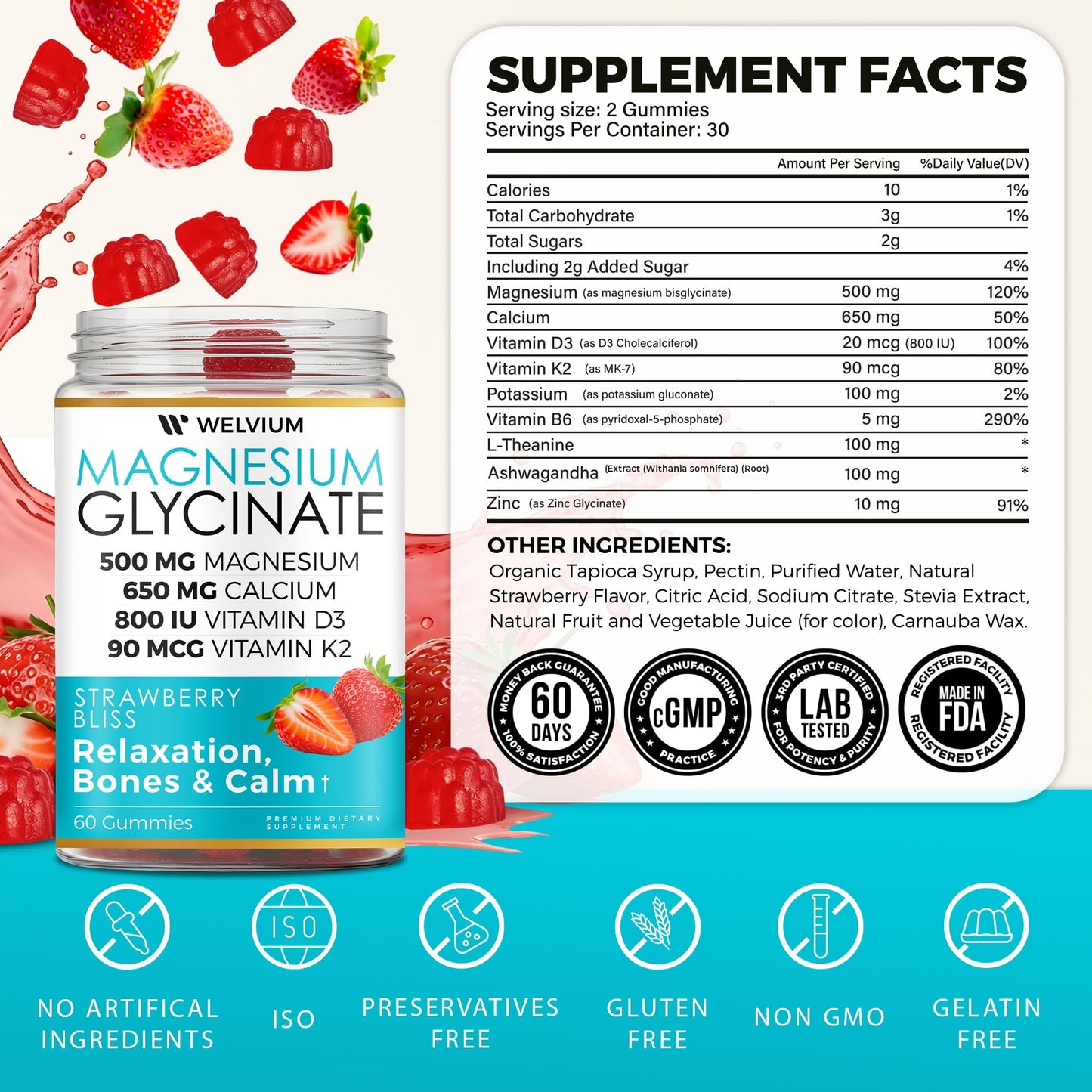 WELVIUM Magnesium Glycinate Gummies with Ashwagandha, L-Theanine, 60 Gummies