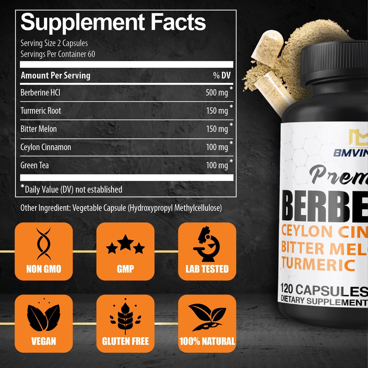 BMVINVOL Berberine HCl Supplement, Ceylon Cinnamon and Turmeric, Green Tea and Bitter Melon, 120 Capsules