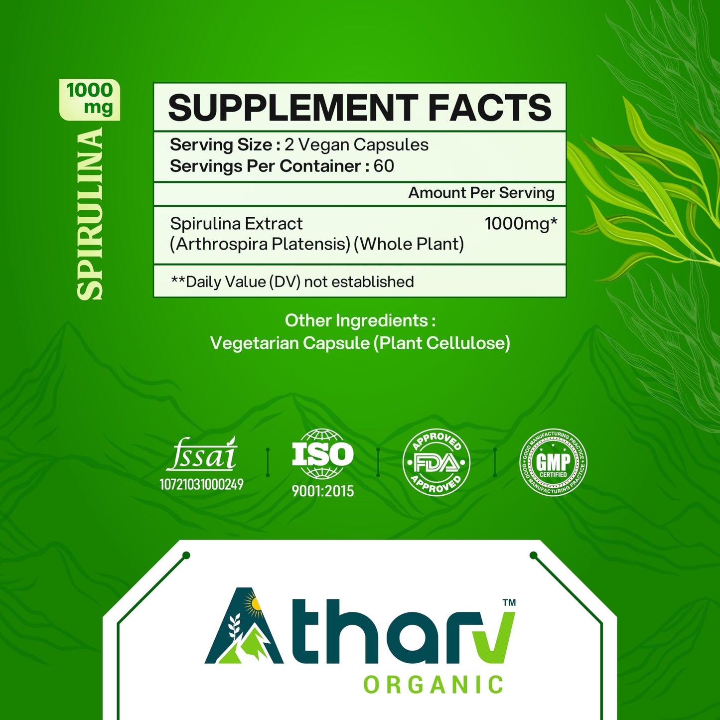 ATHARV ORGANIC Spirulina Supplement 1000mg Capsule, 120 Count