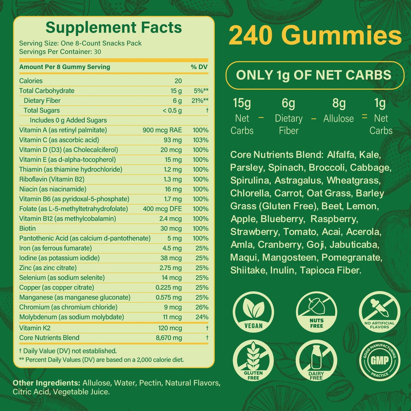 Tecepec Sugar Free Greens Daily Gummies with Spirulina & Chlorella 240 Count