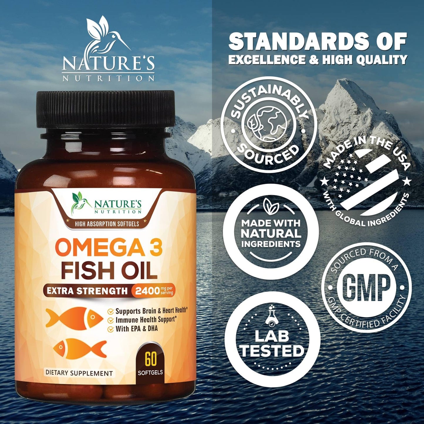 Nature's Nutrition Omega-3 Fish Oil Supplements Softgels 60