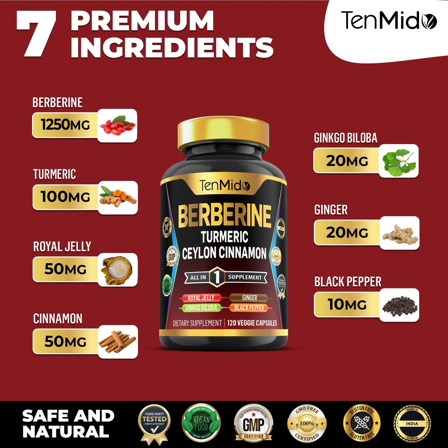Tenmido Berberine Supplement 7in1 Formula with Turmeric, Royal Jelly, Ceylon Cinnamon, Ginkgo Biloba, Ginger & Black Pepper, Digestive Health & Immune Support, 120 Capsules