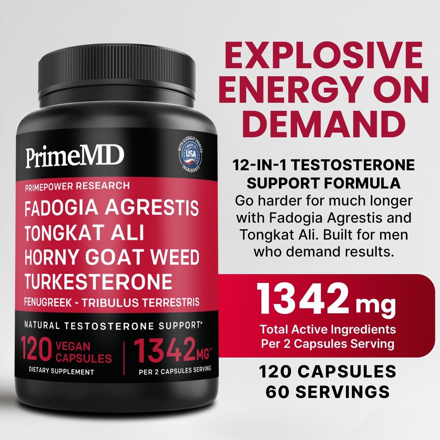 PrimeMD Fadogia Agrestis and Tongkat Ali Supplement for Men - 12-in-1 Testosterone Booster Capsules 120 Count