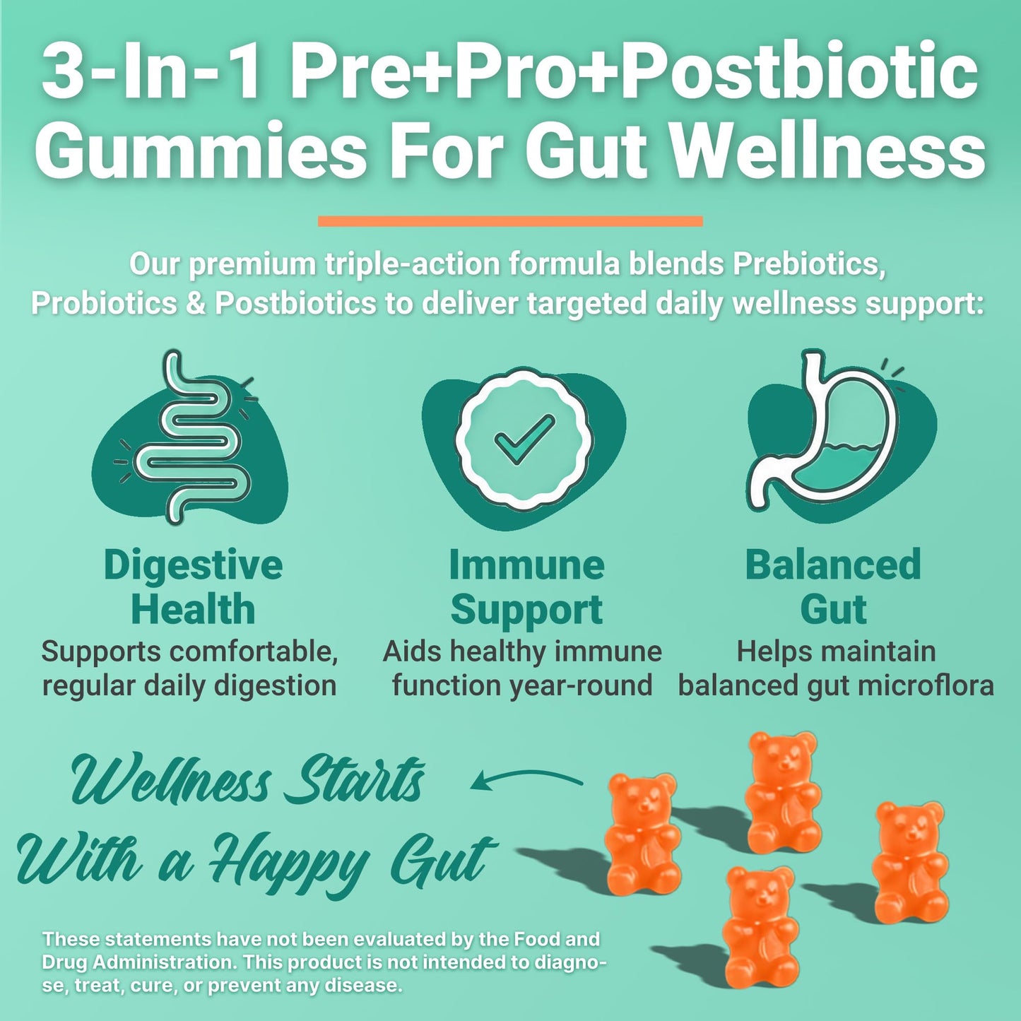 Hanliste Probiotic Gummies, Probiotic Prebiotic & Postbiotic Gummy 180 Count
