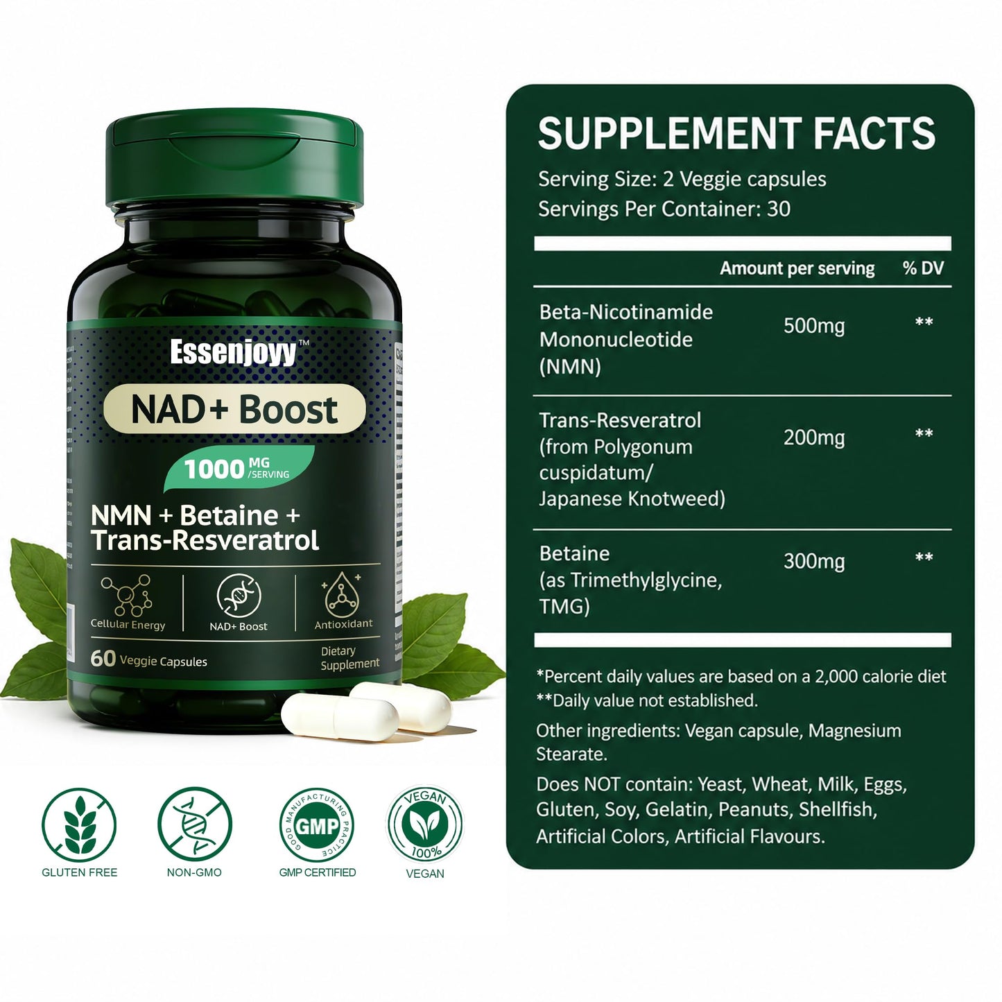 ESSENJOYY NAD+ Boost Supplement with NMN, Trans-Resveratrol & Betaine (TMG) 1000mg Blend 60 Capsules