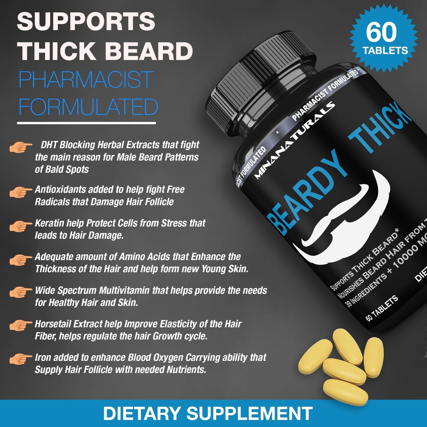 MINANATURALS BEARDY Thick Beard Growth Vitamins for Men Tablets, 60 Tablets