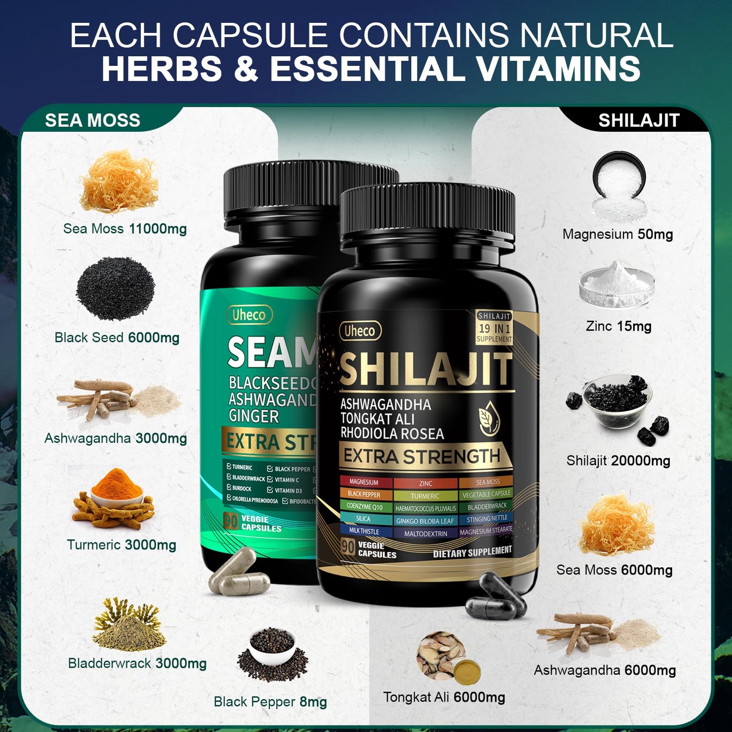 Uheco Shilajit and Sea Moss Vitality Capsule, 90 Count