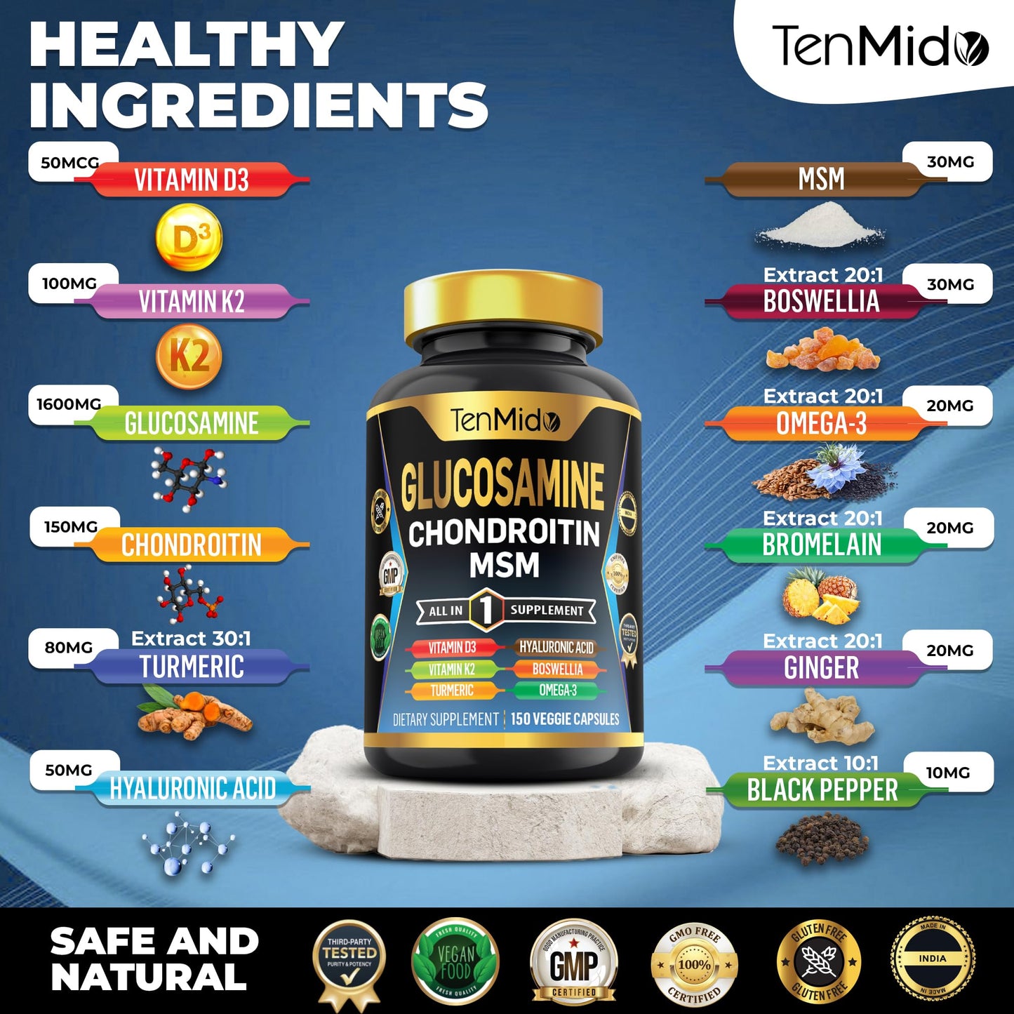 Tenmido Glucosamine Chondroitin MSM Supplement Capsules, 150 Count