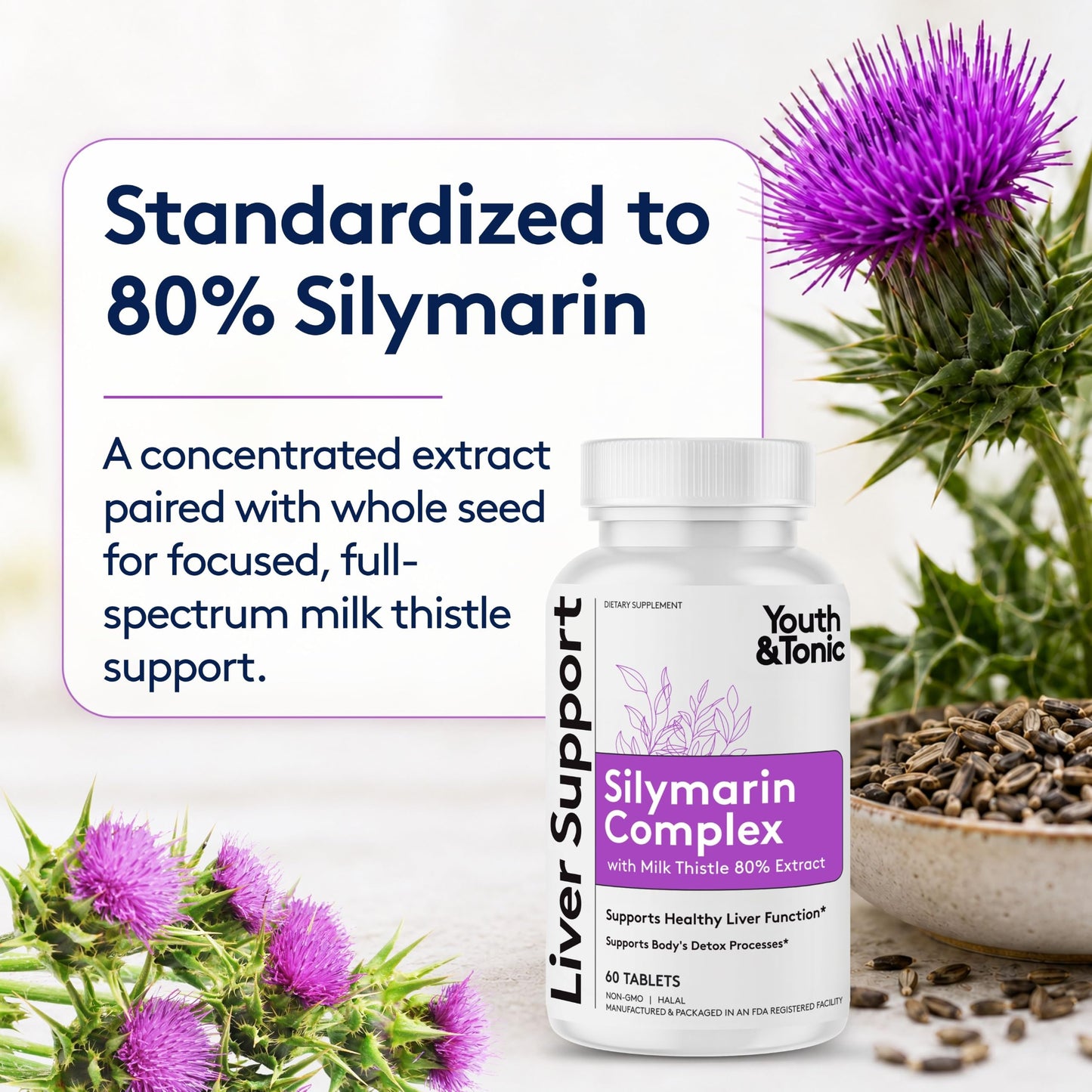 Youth & Tonic Silymarin Milk Thistle Extract 80% Tablets, 60 Count