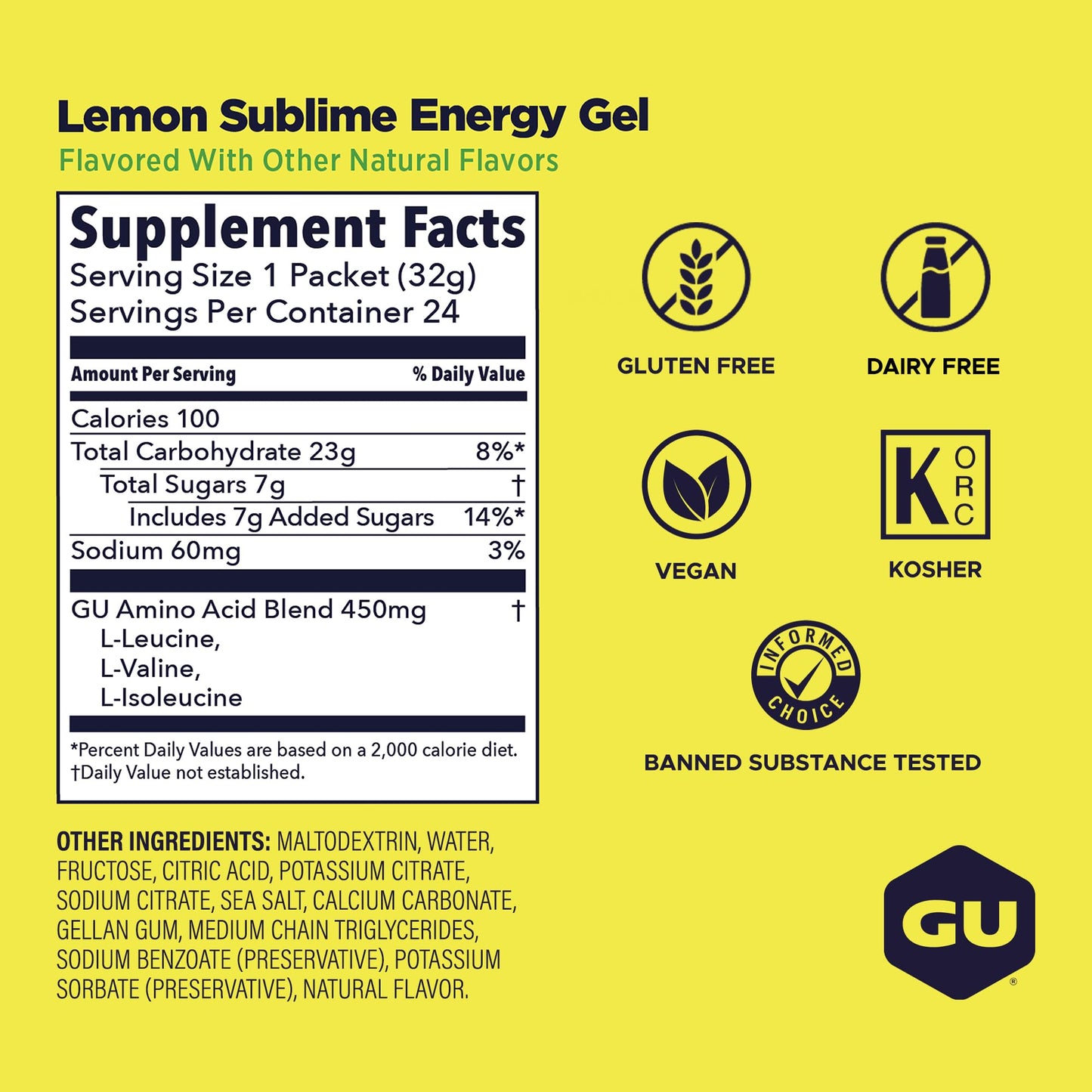GU Energy Original Sports Nutrition Energy Gel, Vegan, Gluten-Free, Kosher, and Dairy-Free On-the-Go Energy for Any Workout, 24-Count, Lemon Sublime