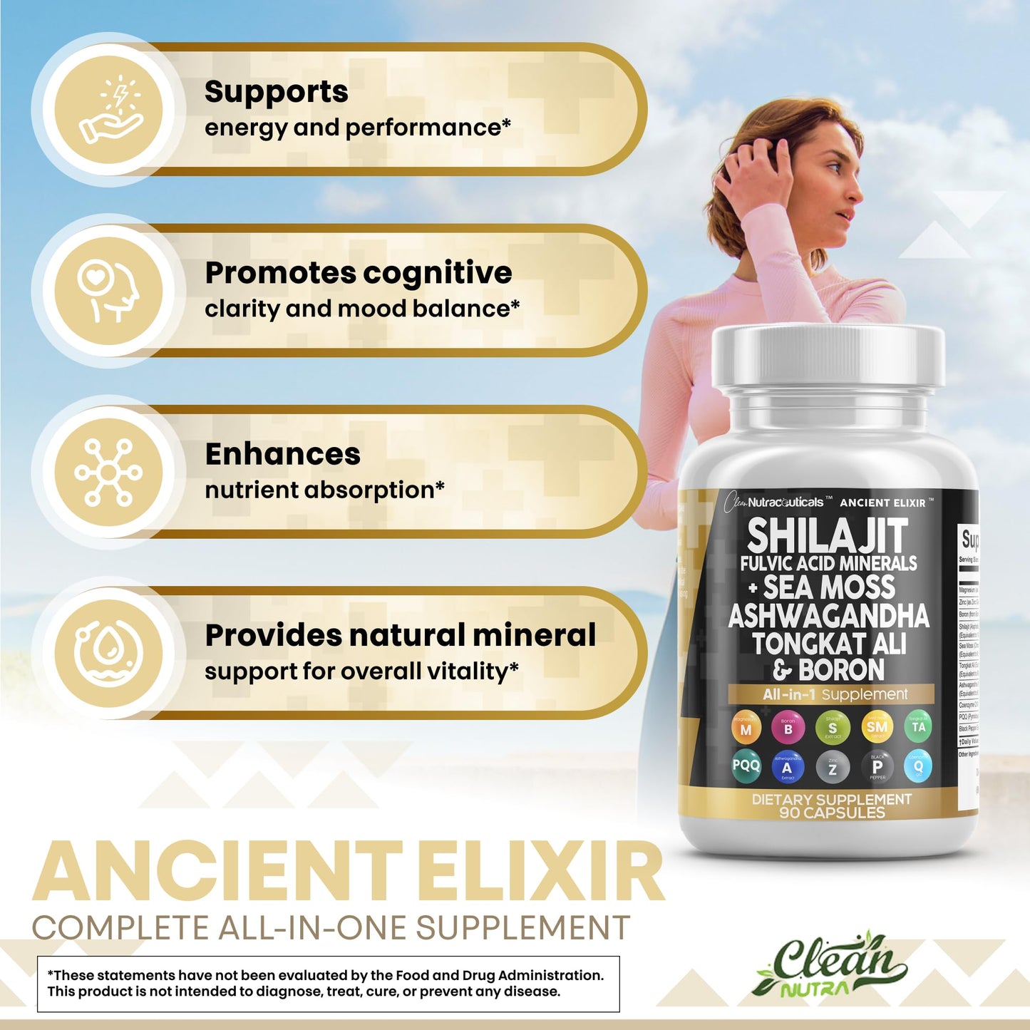 Clean Nutraceuticals Shilajit Supplement with Sea Moss, Ashwagandha, Tongkat Ali, Boron, Magnesium - Fulvic Acid Capsules, 90 Count