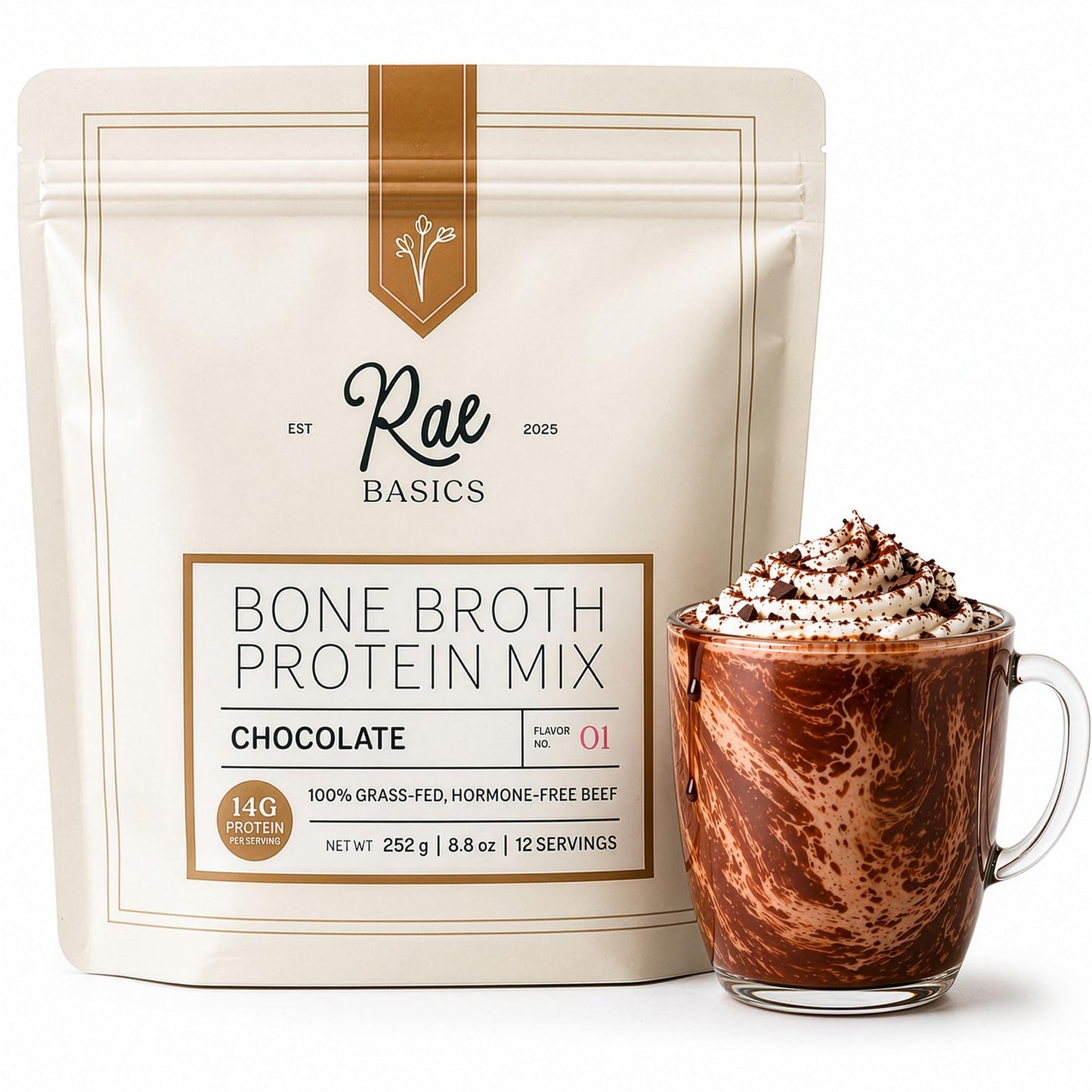 Rae Basics Bone Broth Hot Chocolate Protein Powder Starter, 12 Servings