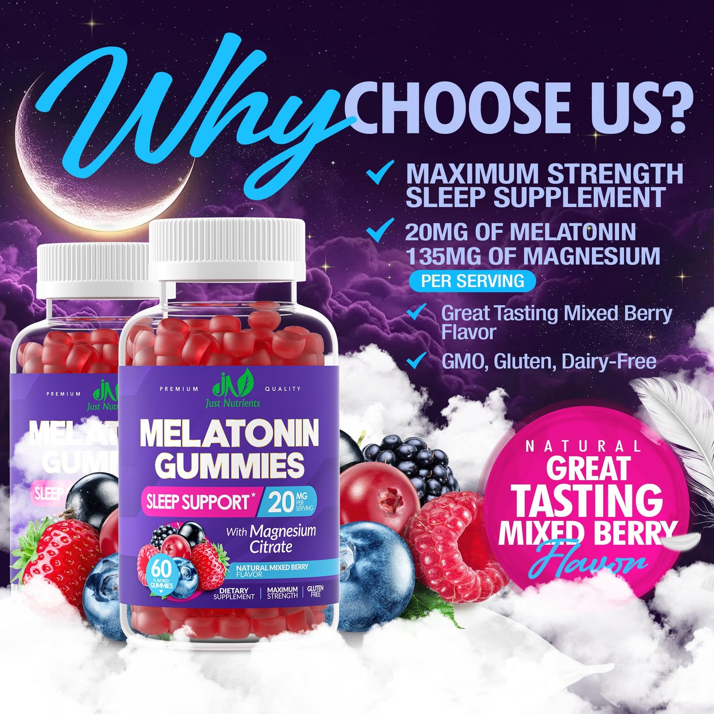 Just Nutrients Melatonin Gummies with Magnesium Citrate, 60 Gummies