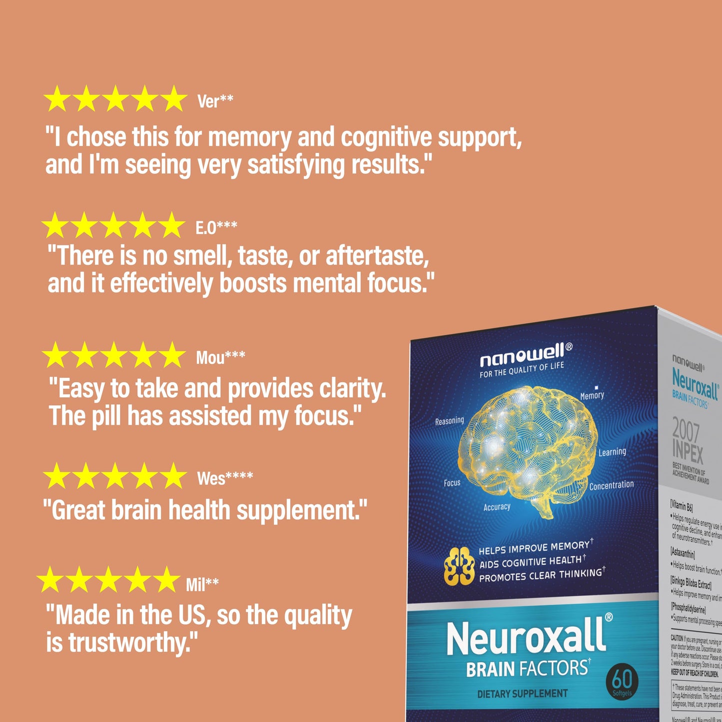 NANOWELL Neuroxall Brain Health Supplement for Enhanced Cognitive Function and Mental Clarity, Astaxanthin, Ginkgo Biloba Extract, Antioxidant, 180 Softgels