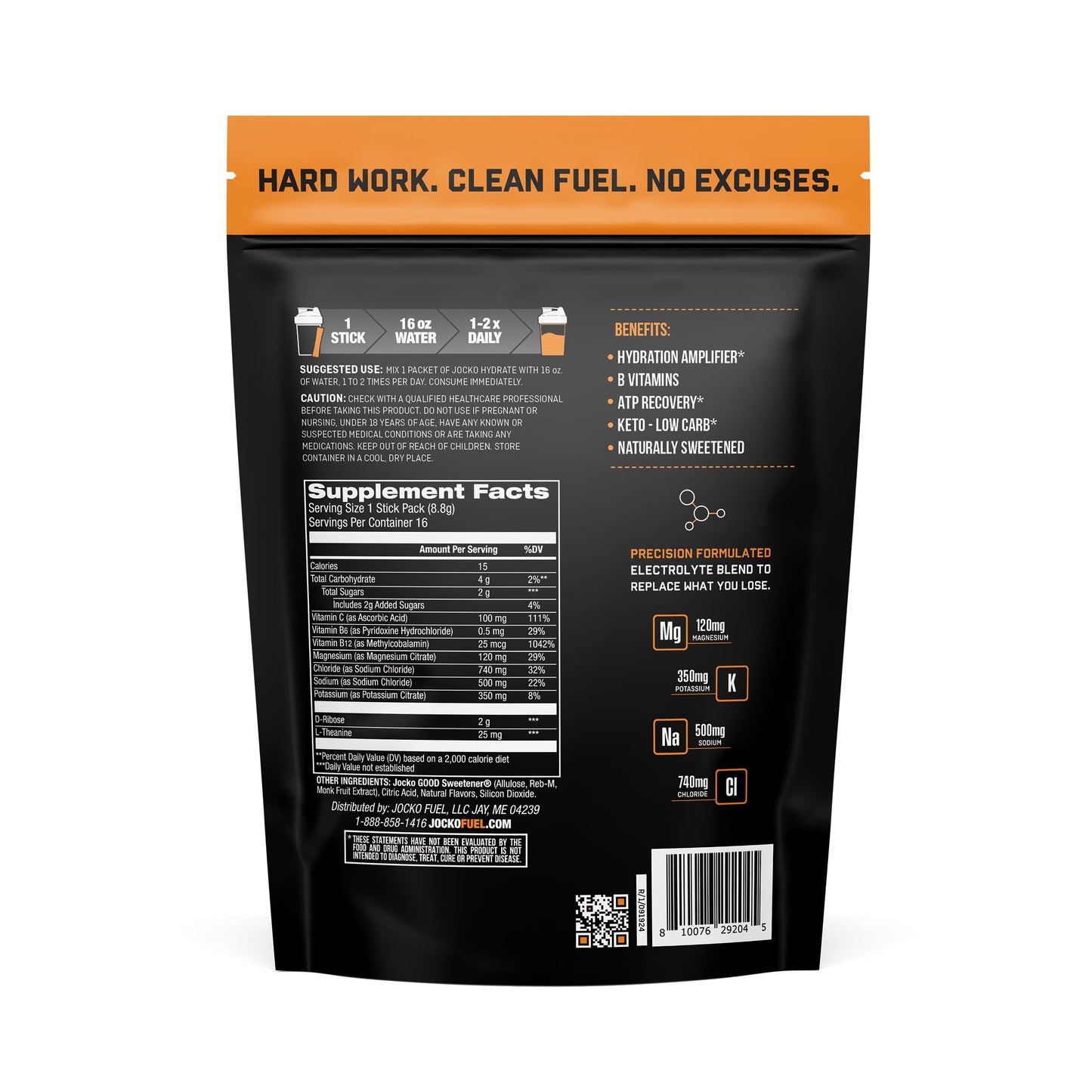 Jocko Fuel Hydrate Electrolytes Powder Packets Low Sugar - Hydration Amplifier Packets for Recovery, Dehydration, & Exercise - with Vitamins B6, B12 & C, 16 Packets