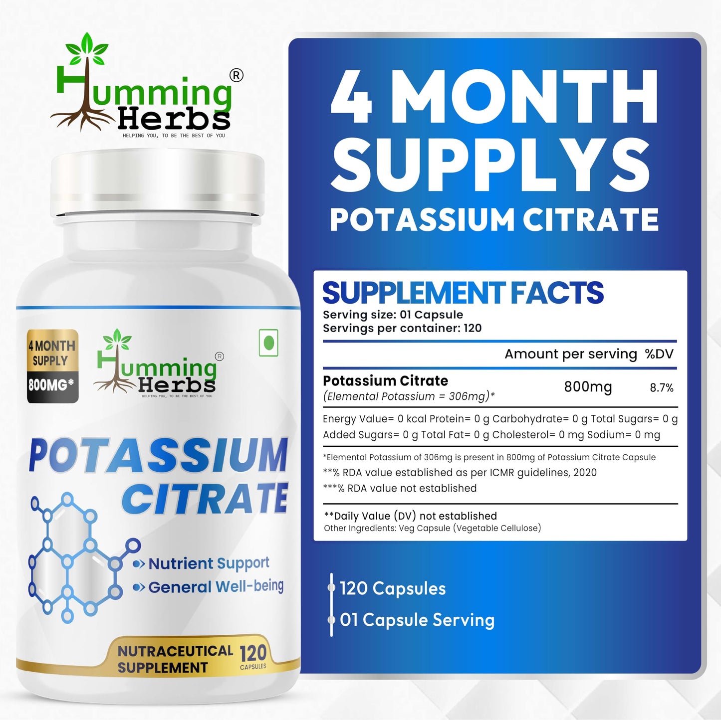 Humming Herbs Potassium Citrate 800 mg (306 mg Elemental Potassium) Capsule, 120 Count