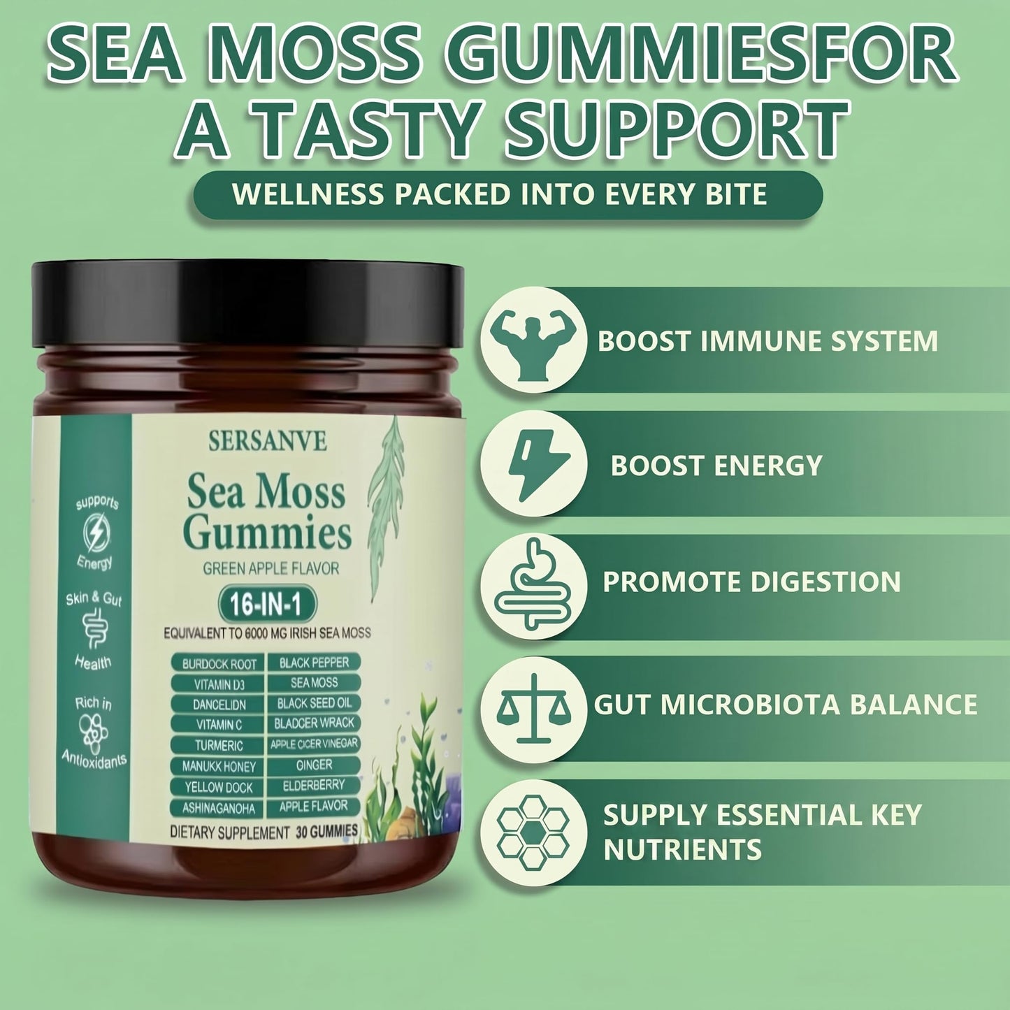 SERSANVE Sea Moss Gummies 16-in-1 with Ashwagandha Burdock Black Seed Oil Gummy 30 Count