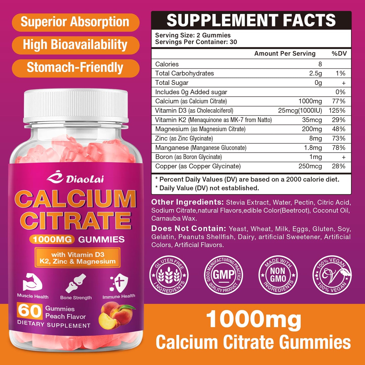 DIAOLAI Calcium Citrate Gummies 2 Pack