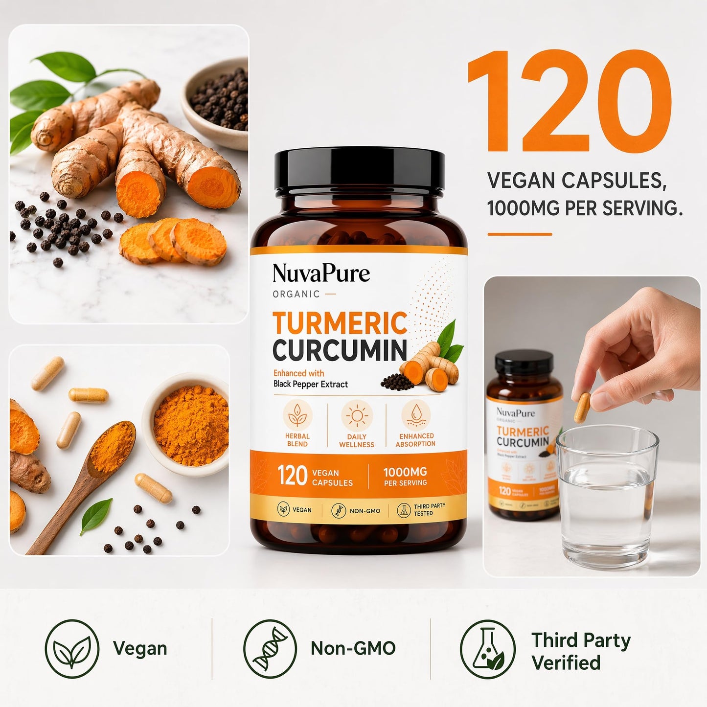 ONAISE Nuvapure Organic Turmeric Curcumin Capsules – Turmeric Curcumin Formula with Black Pepper Extract, 120 Count