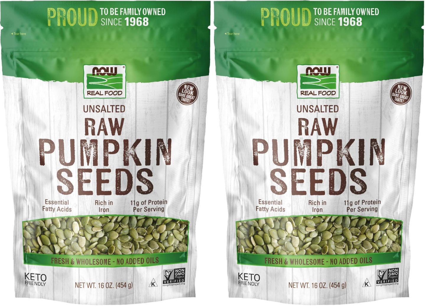 NOW Foods, Pumpkin Seeds, Raw and Unsalted, Essential Fatty Acids, Rich in Iron, Excellent Source of Protein, Certified Non-GMO, 1-Pound (Packaging May Vary) (Pack of 2)