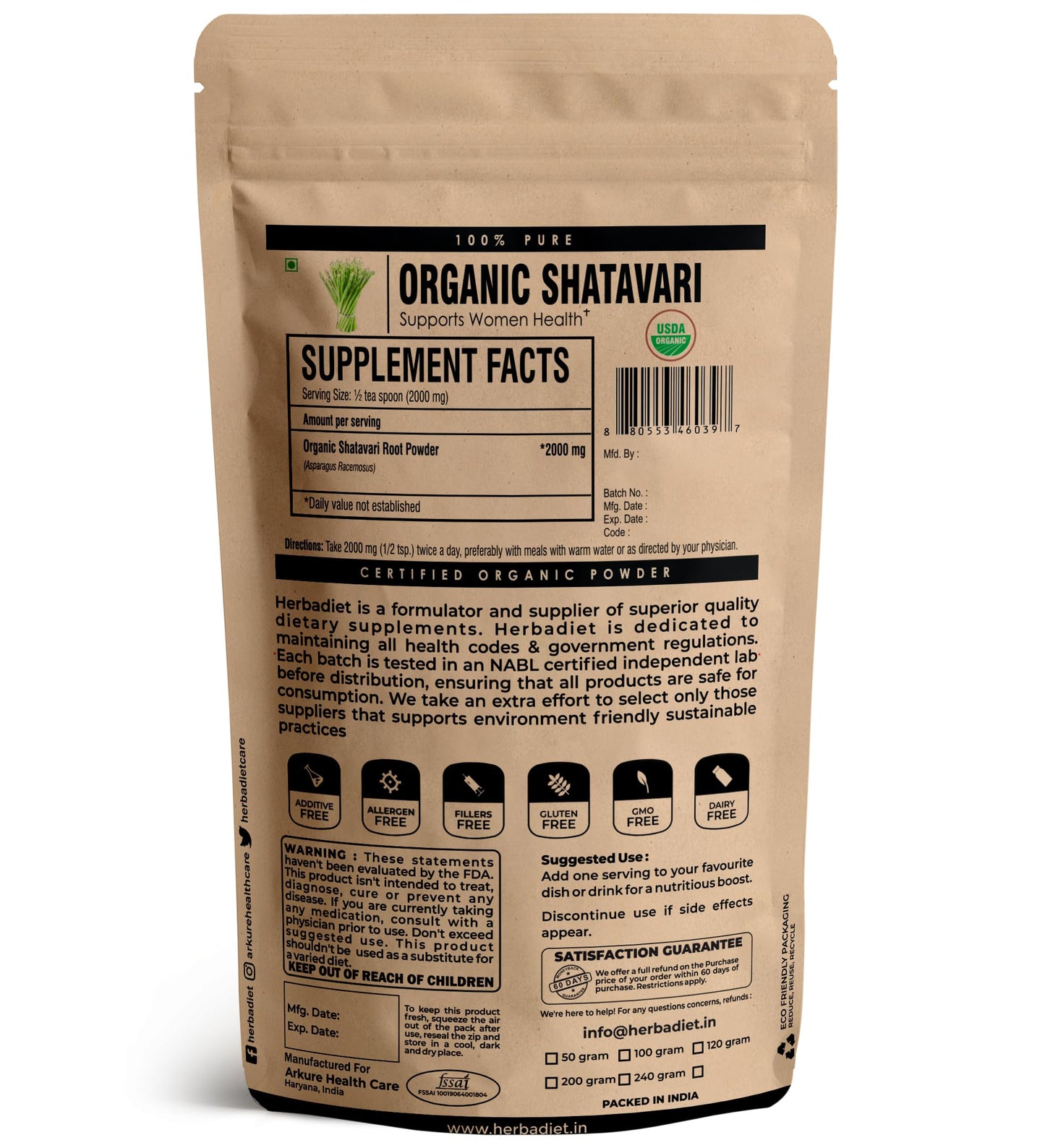 Herbadiet Shatavari Root Organic Powder 8 oz