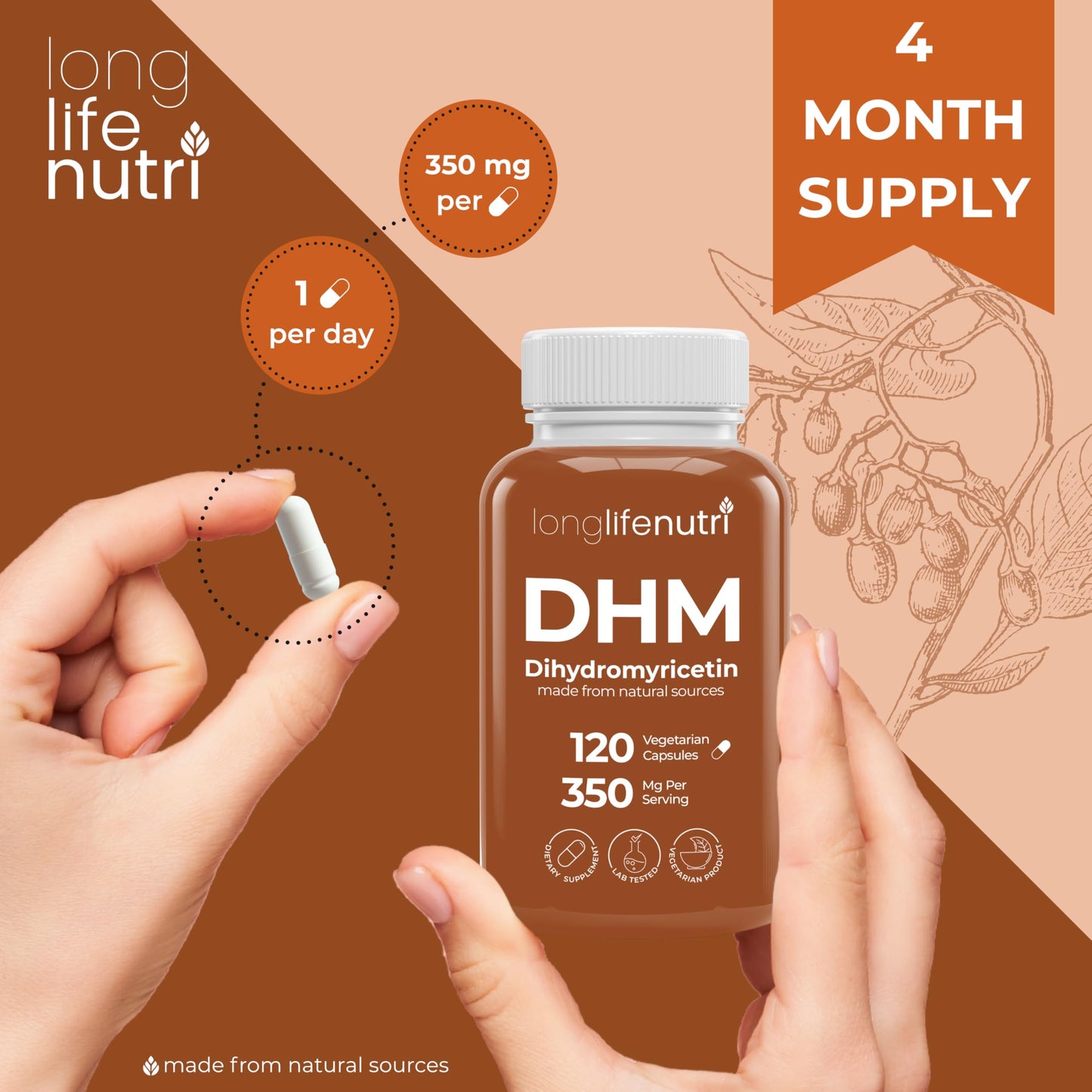 LongLifeNutri DHM (Dihydromyricetin) 350mg Capsules, 120 Count
