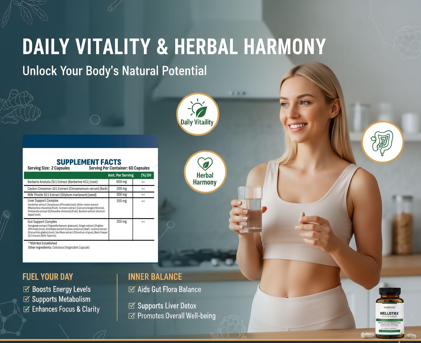 Wellotrix Nutraceuticals Berberine Extract 1600 mg with Milk Thistle, Ceylon Cinnamon & Herbal Extracts – Advanced Glucose & Metabolic Support Capsules, 120 Capsules