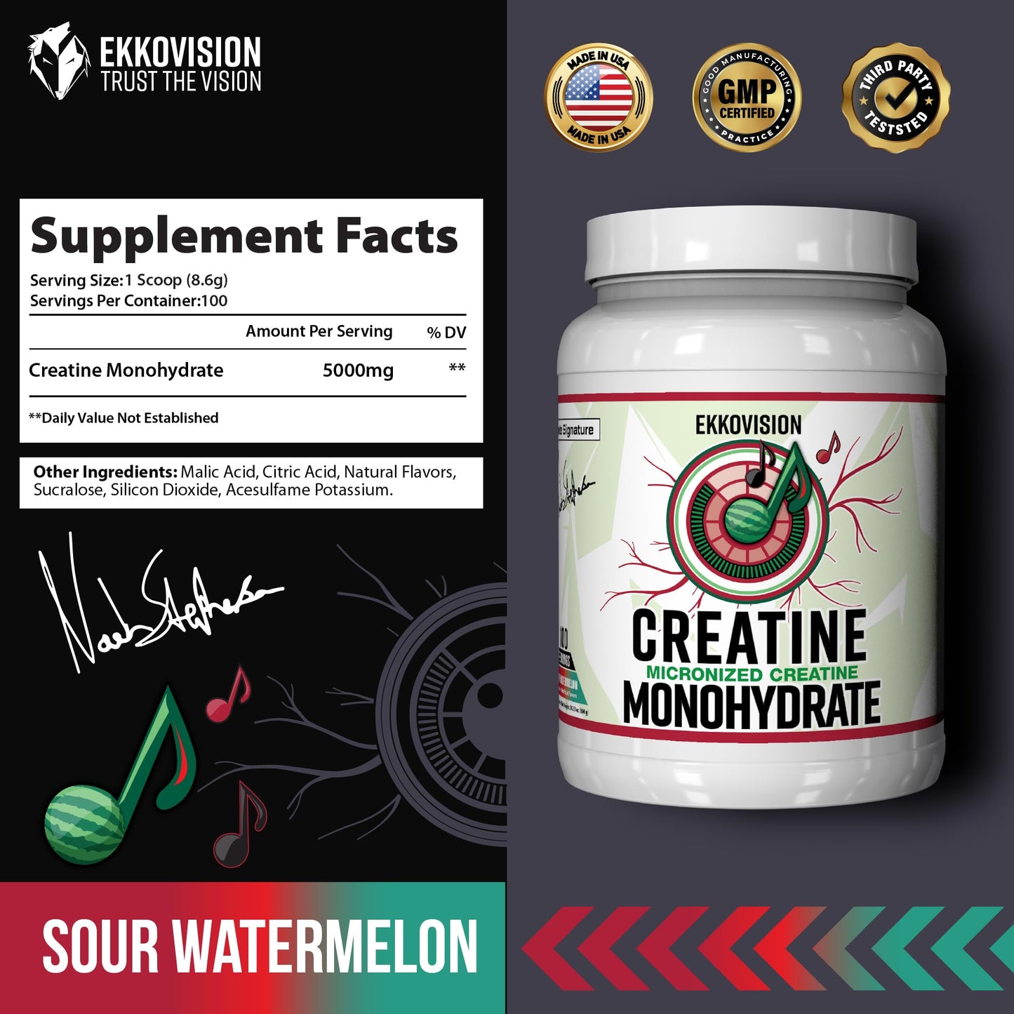Ekkovision Creatine Monohydrate Powder, Micronized, Sour Watermelon, 100 Servings