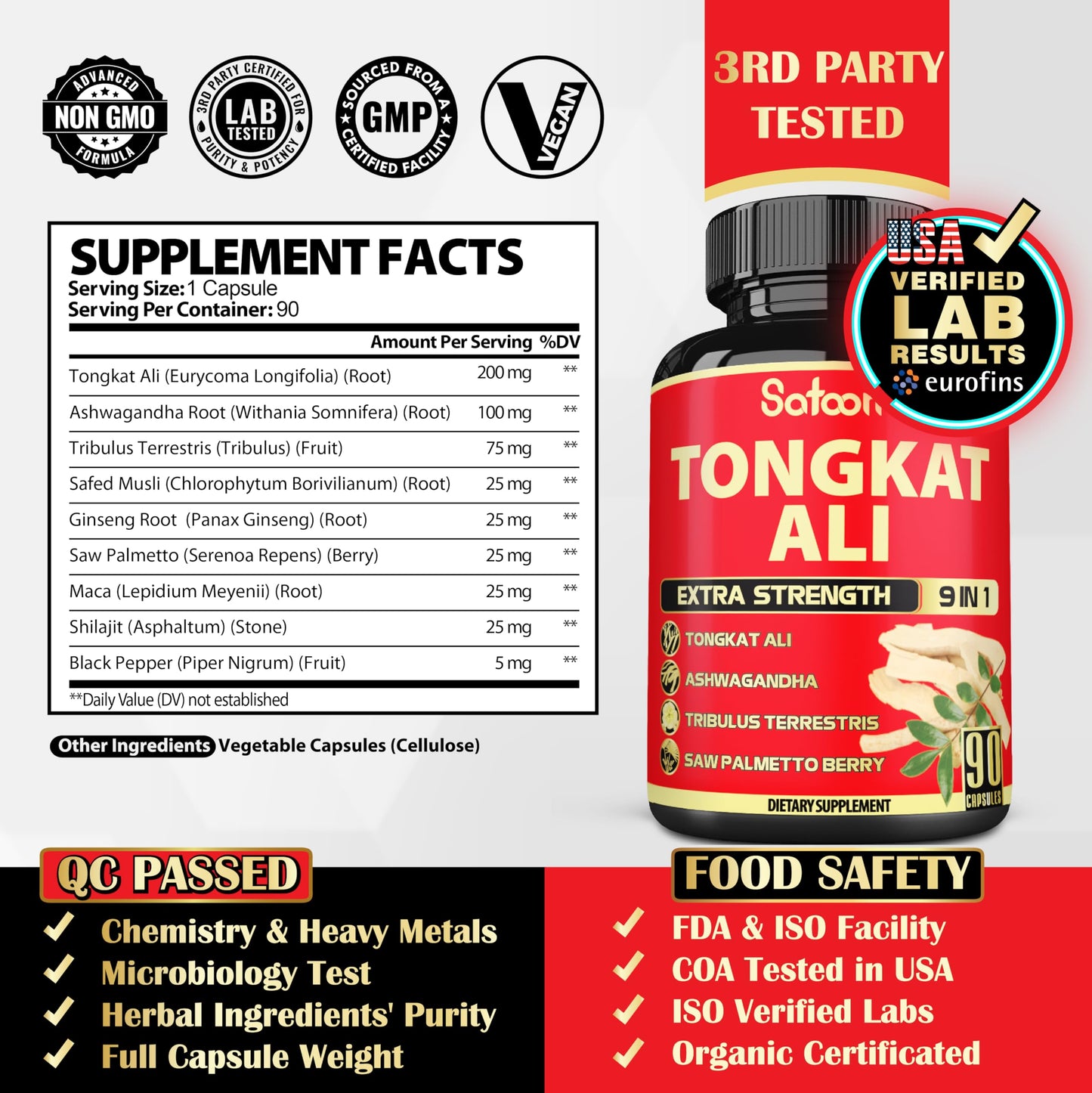Satoomi 9in1 Tongkat Ali Root Extract - Ashwagandha, Tribulus Terrestris, Capsules, 90 Count