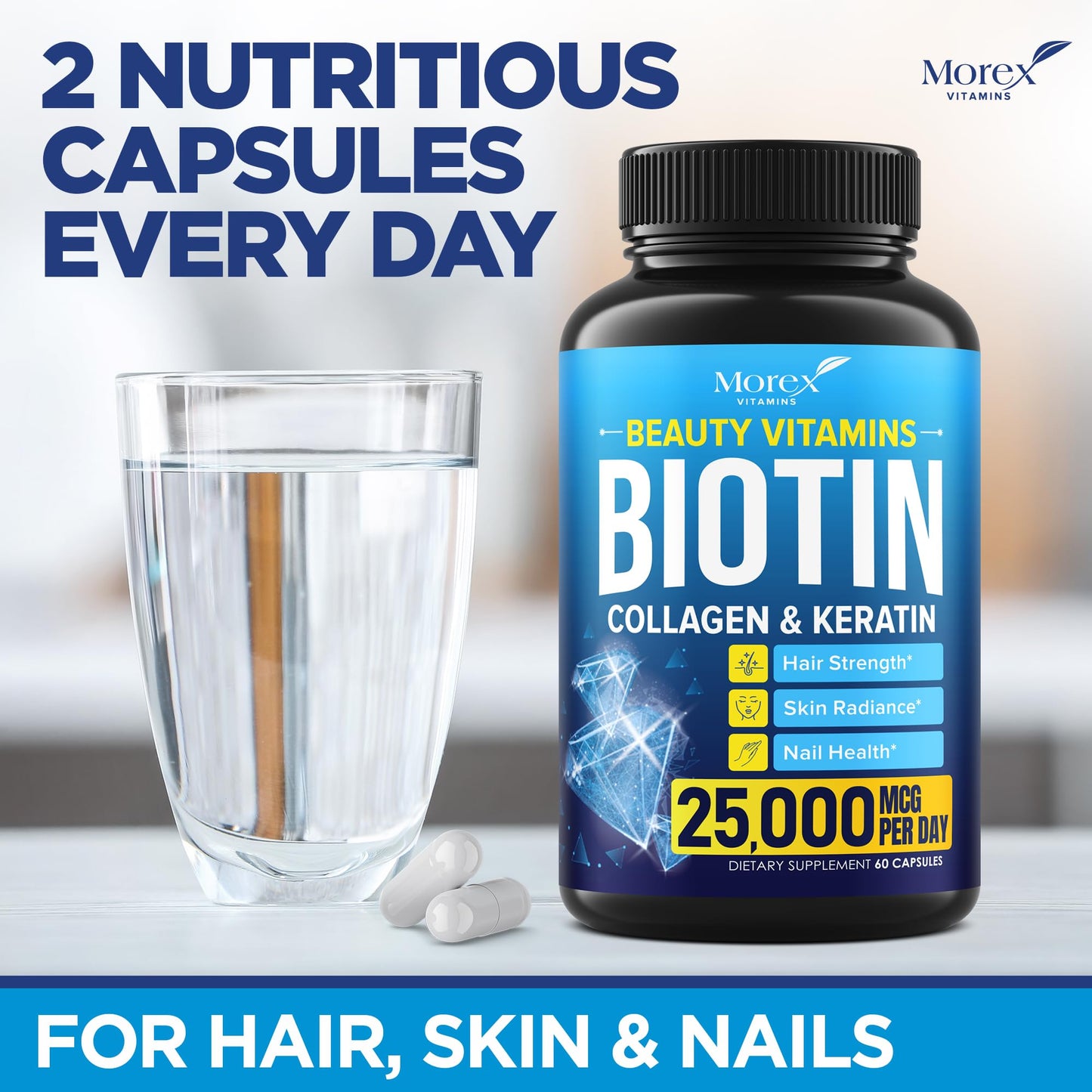 MOREX VITAMINS Biotin Collagen Keratin Supplement with Hyaluronic Acid - 25,000 mcg Capsule, 60 Count