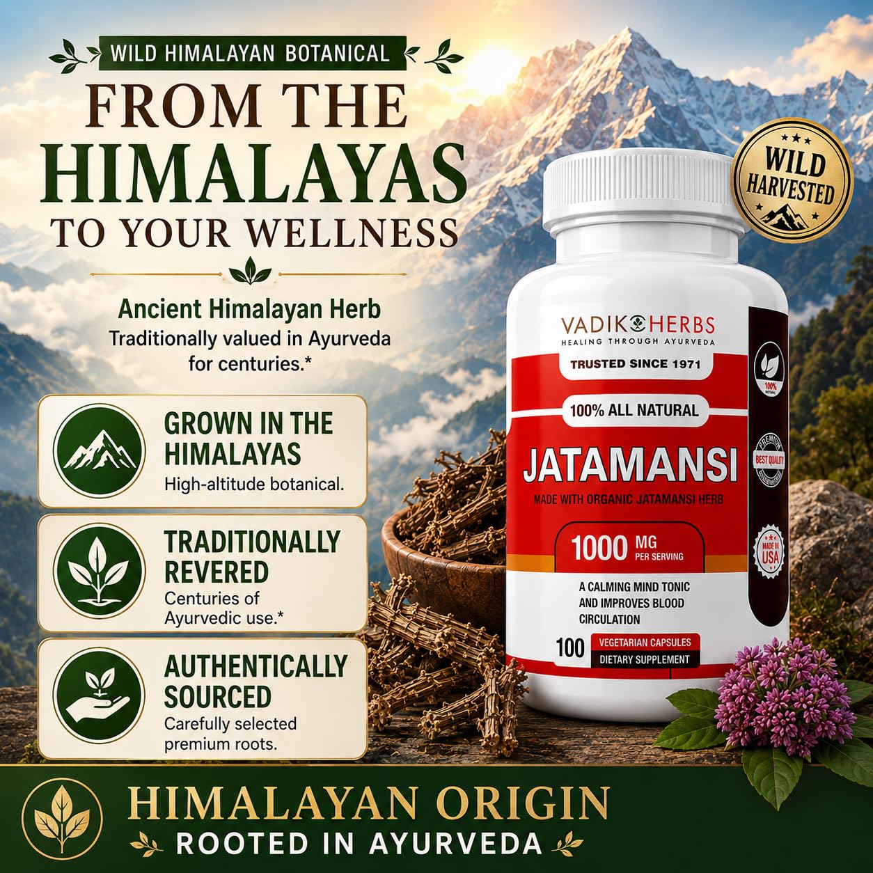 Vadik Herbs Jatamansi 1000mg Capsules, 100 Capsules