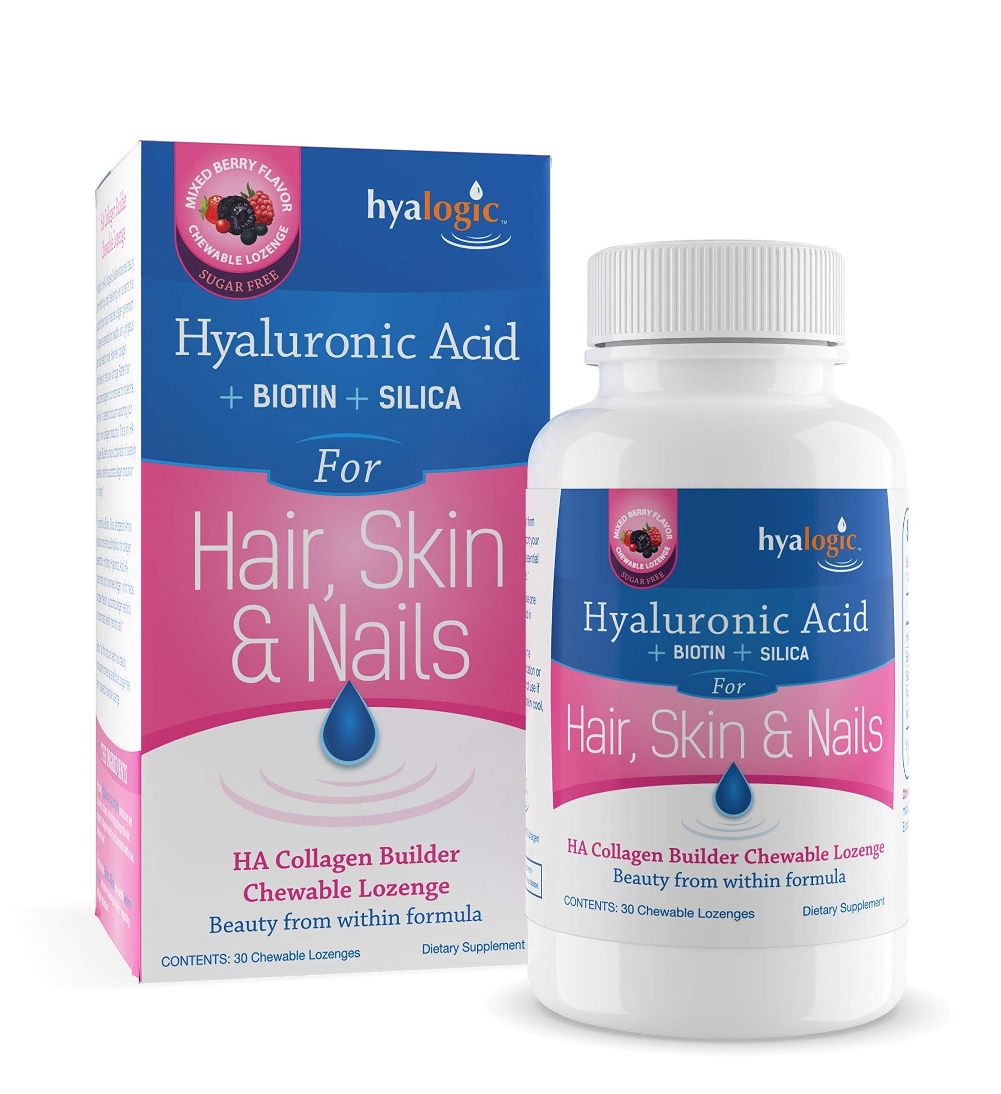Hyalogic Hair Skin & Nails Hyaluronic Acid Collagen Builder Chewable Lozenges – Delicious Berry Flavor – 30 Count