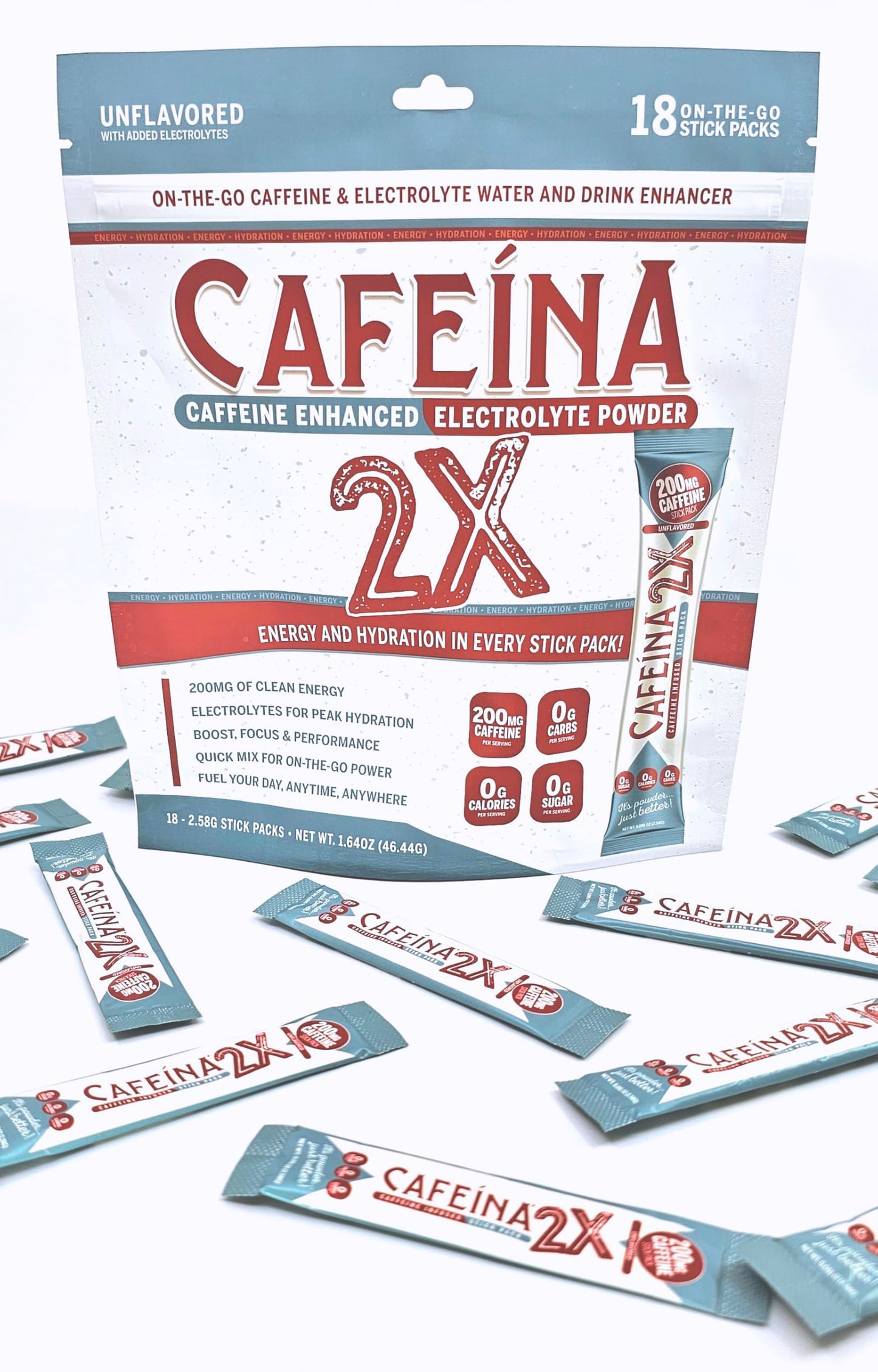 CAFEINA 2X 200mg Caffeine and Electrolyte Infused Powder Sticks, 18 Sticks