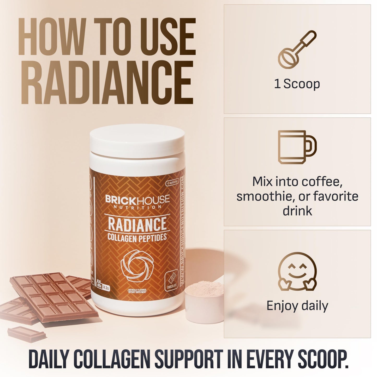 BRICKHOUSE NUTRITION Radiance Collagen Peptides Powder with Hyaluronic Acid, 14 oz