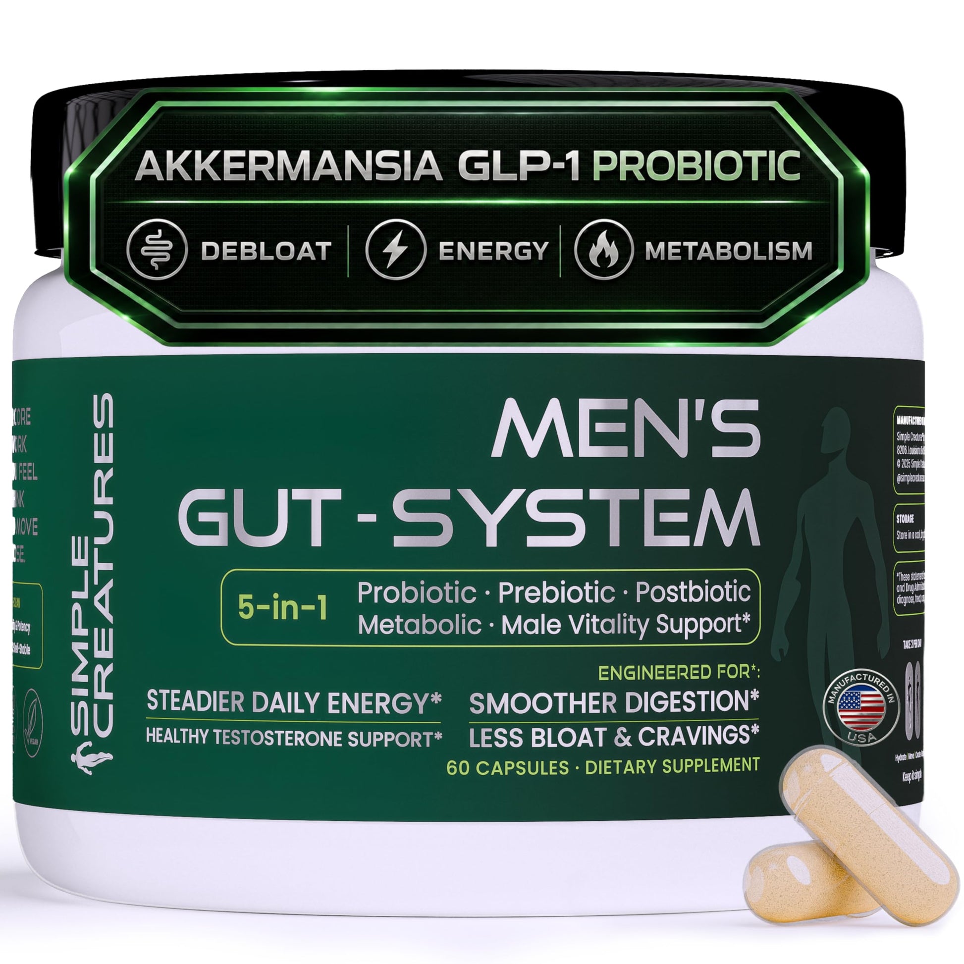 Simple Creatures Akkermansia Probiotic for Men AKK11 5-in-1 GLP-1 Support Debloat Complete Gut Health Male Drive Energy Synbiotic Boron & Tongkat Ali, 60 Capsules