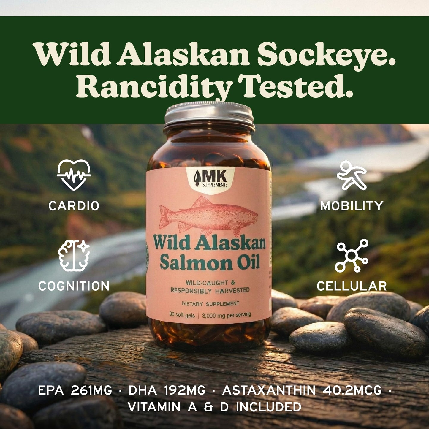 MK Supplements Wild Alaskan Sockeye Salmon Oil, Omega-3 EPA DHA Capsules 90 Count