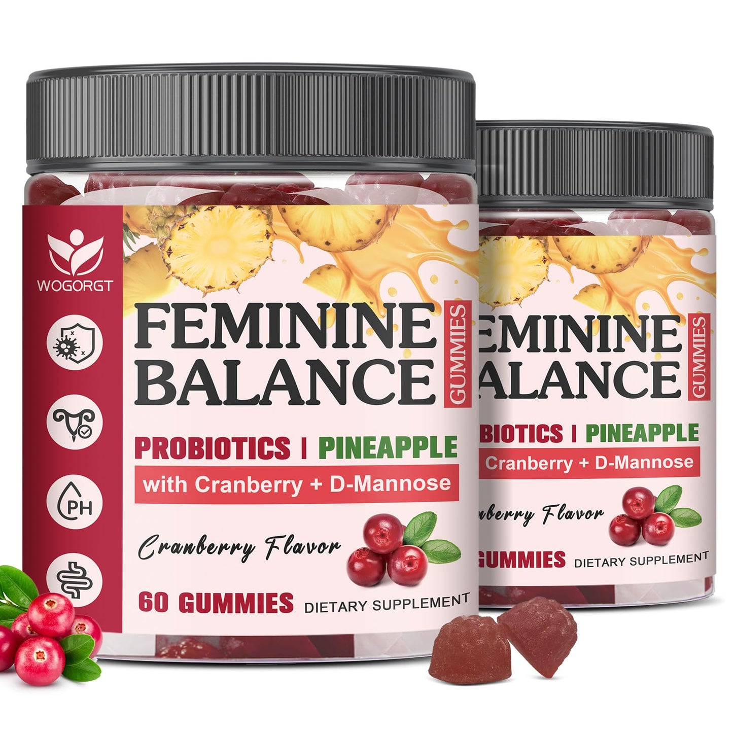 WOGORGT Feminine Balance Gummies for Women - Vaginal Health, pH Balance Support, Pineapple Probiotics with Cranberry Extract and D-Mannose, Sugar Free, Vegan, Cranberry Flavor, 120 Gummies