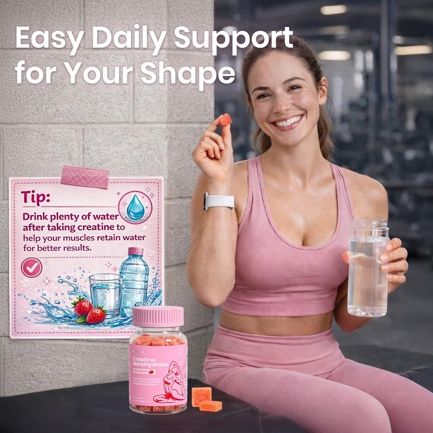 Montue Creatine Gummies for Women, Strawberry Flavor, with BCAA, NSF-Certified, Vegan, 60 Count