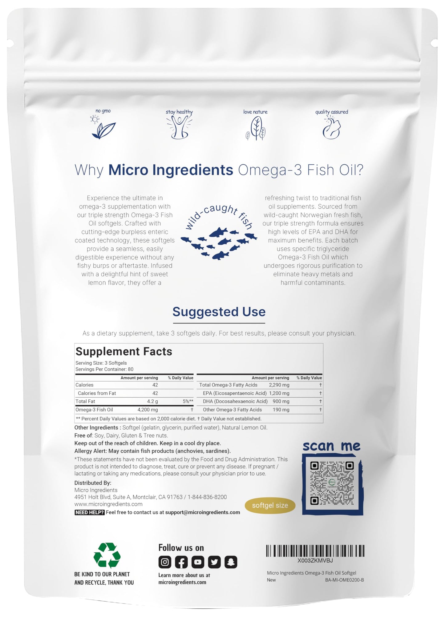 Micro Ingredients Triple Strength Omega-3 Fish Oil Supplements Softgels, 240 Count
