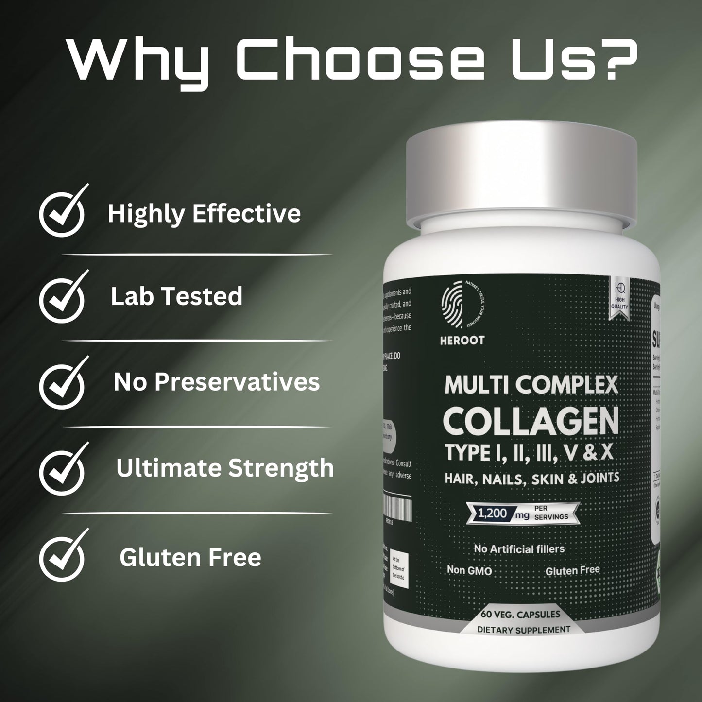 Heroot Plant-Based Collagen 500mg Skin, Hair and Nails Supplement Capsule 60
